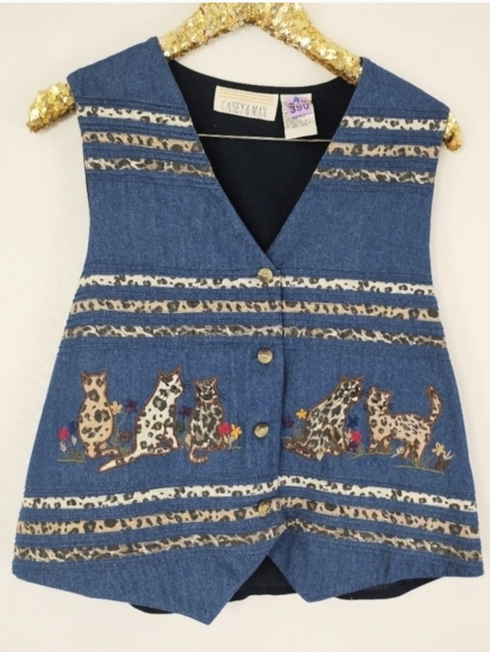 Vintage 90s Casey & Max Womens Blue Denim Leopard Print Cat Vest size Lg Casual
